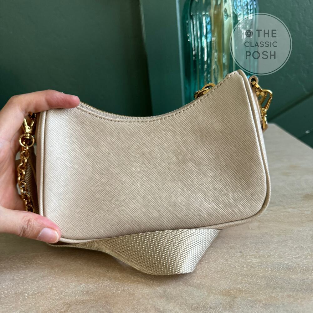 EUC Prada Re-edition Saffiano Mini Beige Crossbody Bag Gold HW - Picture 2 of 12